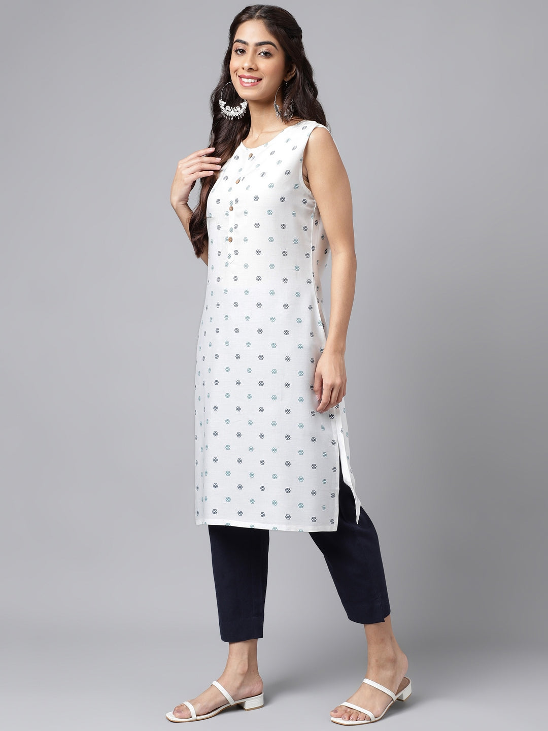 Women's White Casual Cotton Kurti (Top Only)