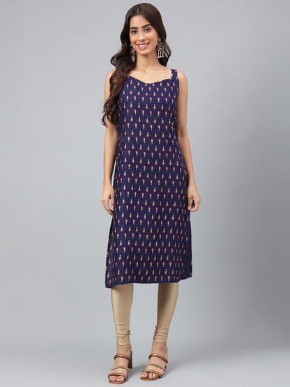 Women's Navy Blue Casual Cotton Kurti (Top Only)