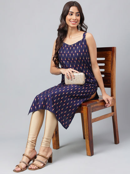 Women's Navy Blue Casual Cotton Kurti (Top Only)