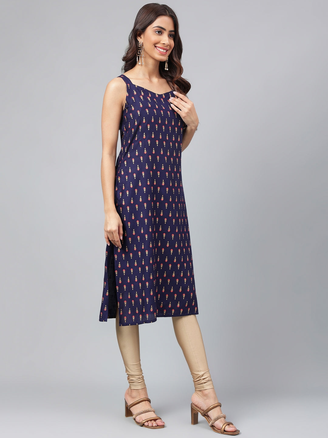 Women's Navy Blue Casual Cotton Kurti (Top Only)