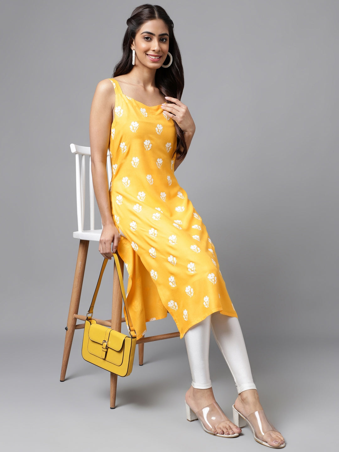 Women's Mustard Floral Print Casual Cotton Kurti (Top Only)