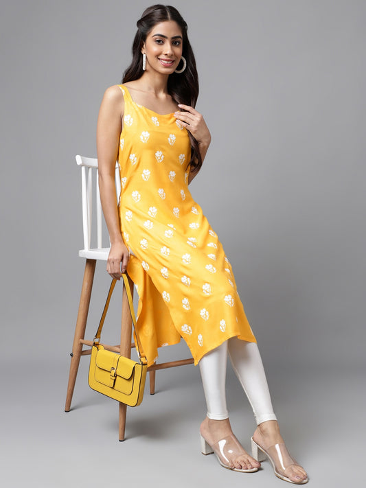 Women's Mustard Floral Print Casual Cotton Kurti (Top Only)