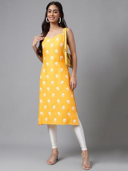 Women's Mustard Floral Print Casual Cotton Kurti (Top Only)