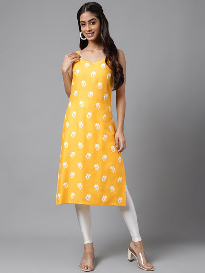 Women's Mustard Floral Print Casual Cotton Kurti (Top Only)