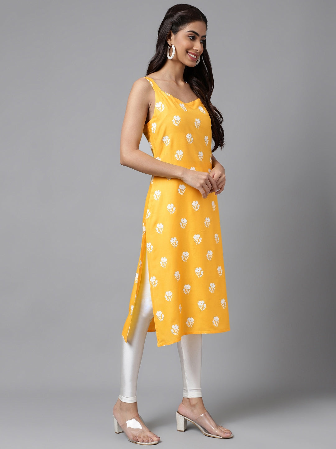 Women's Mustard Floral Print Casual Cotton Kurti (Top Only)