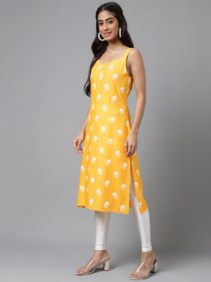 Women's Mustard Floral Print Casual Cotton Kurti (Top Only)