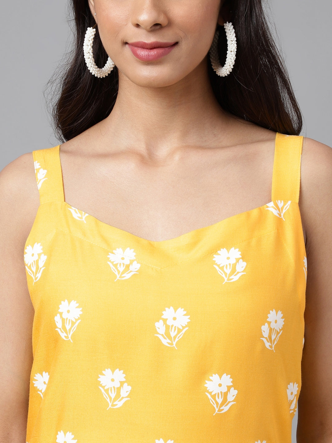 Women's Mustard Floral Print Casual Cotton Kurti (Top Only)