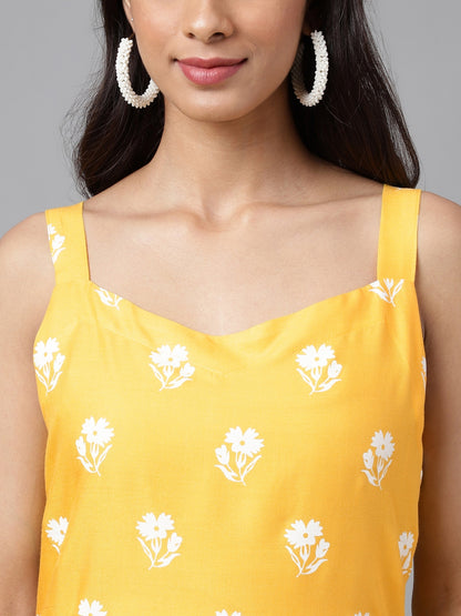 Women's Mustard Floral Print Casual Cotton Kurti (Top Only)