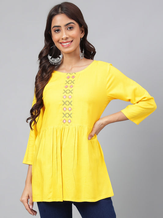 Women's Yellow Yoke Embroidered Casual Rayon Top