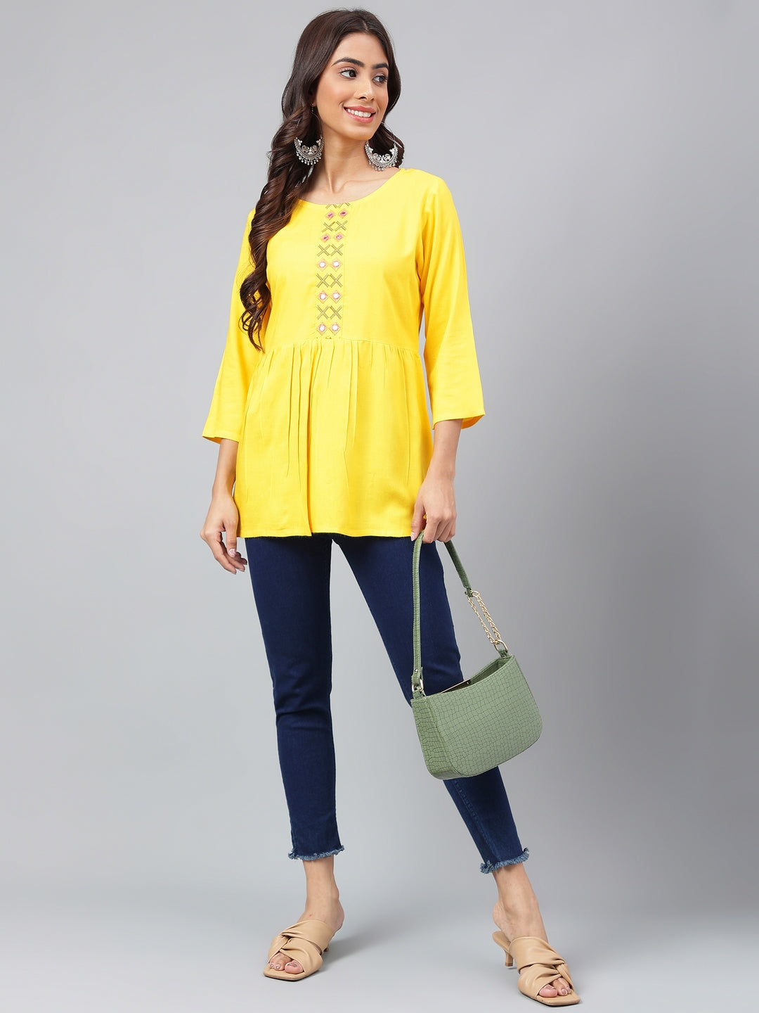 Women's Yellow Yoke Embroidered Casual Rayon Top