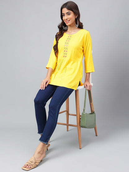 Women's Yellow Yoke Embroidered Casual Rayon Top