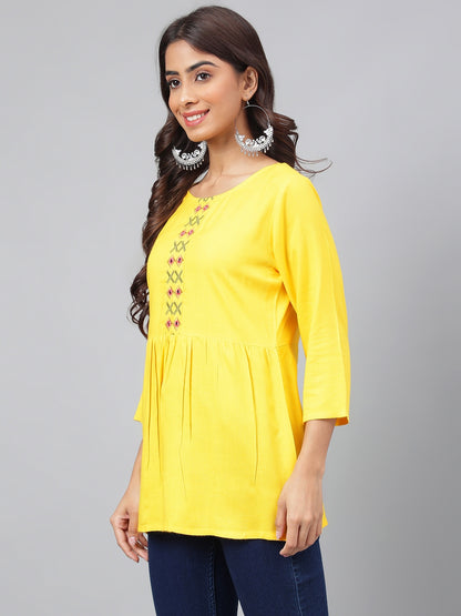 Women's Yellow Yoke Embroidered Casual Rayon Top