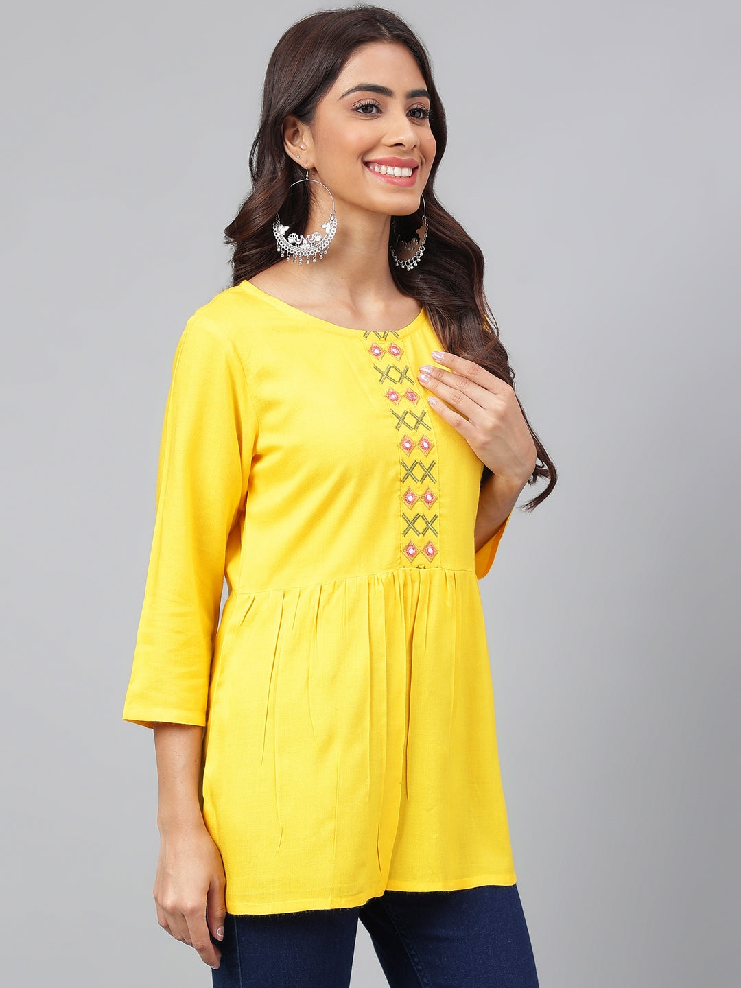 Women's Yellow Yoke Embroidered Casual Rayon Top