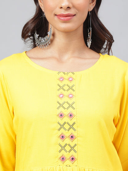 Women's Yellow Yoke Embroidered Casual Rayon Top