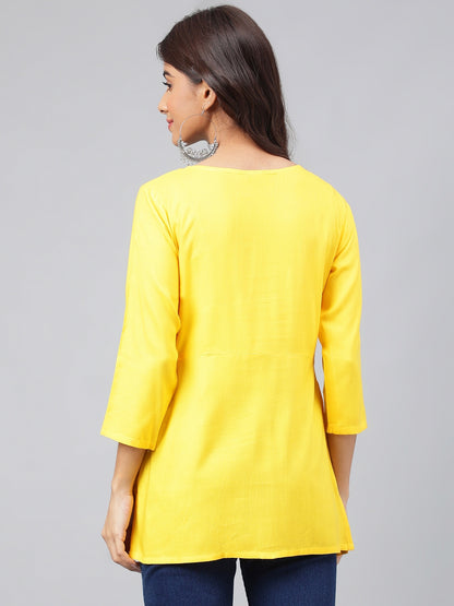 Women's Yellow Yoke Embroidered Casual Rayon Top