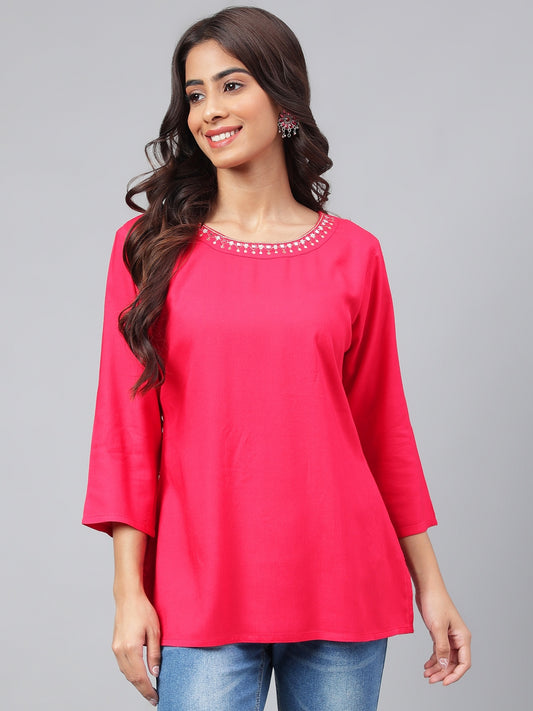 Women's Dark Pink Solid Casual Rayon Top