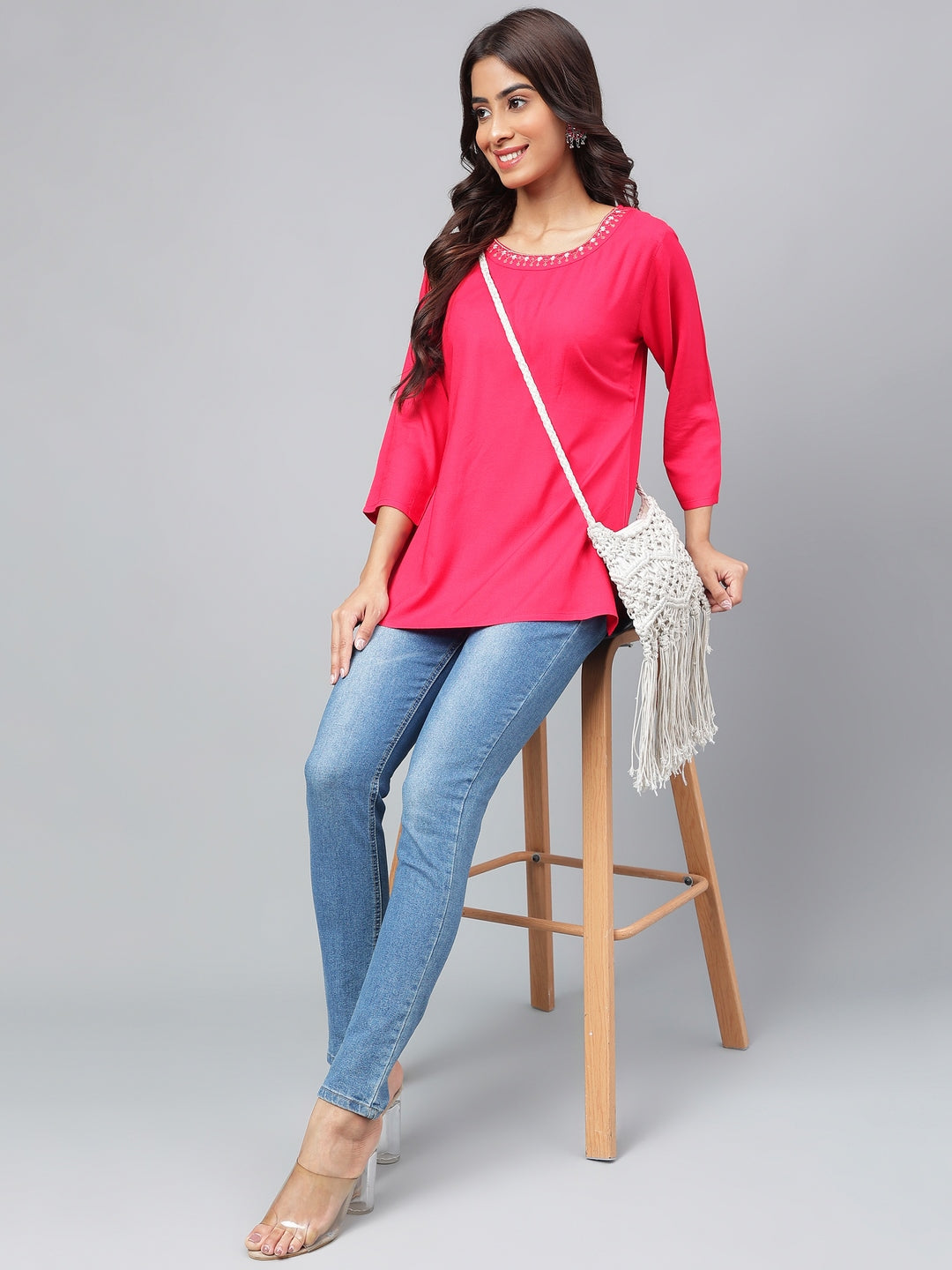 Women's Dark Pink Solid Casual Rayon Top