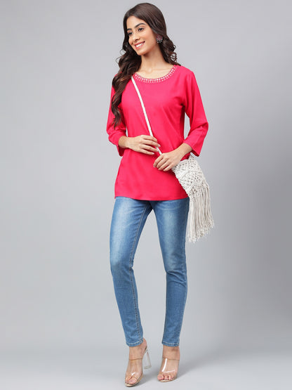 Women's Dark Pink Solid Casual Rayon Top