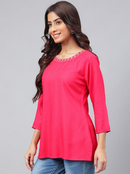 Women's Dark Pink Solid Casual Rayon Top