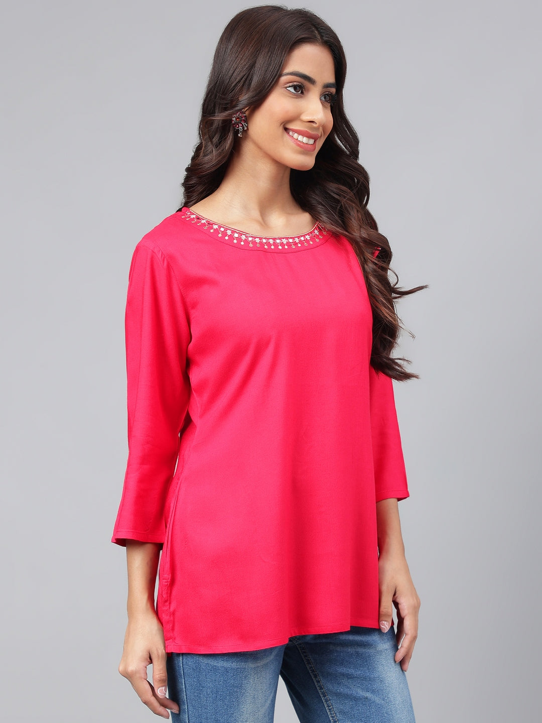 Women's Dark Pink Solid Casual Rayon Top