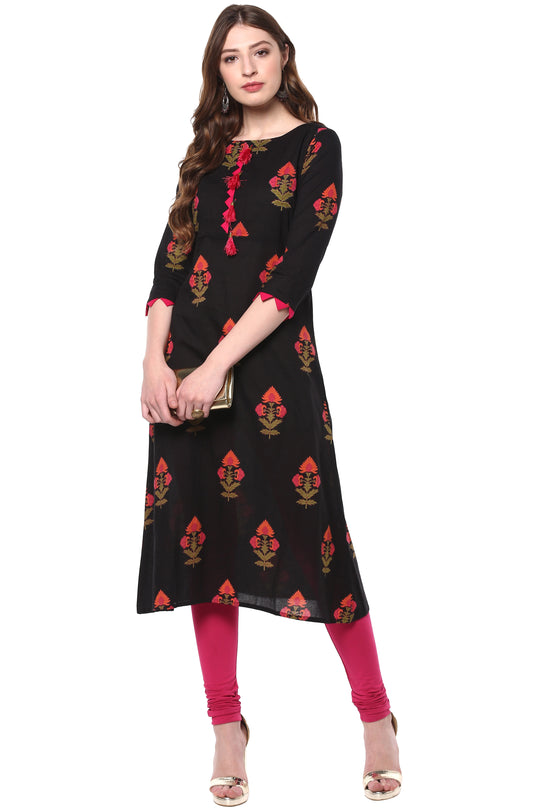 Women's Red Black Floral Print Casual Cotton Kurti (Top Only)