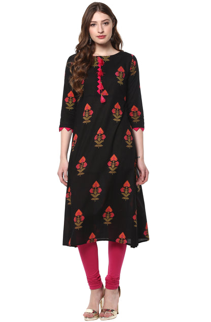 Women's Red Black Floral Print Casual Cotton Kurti (Top Only)