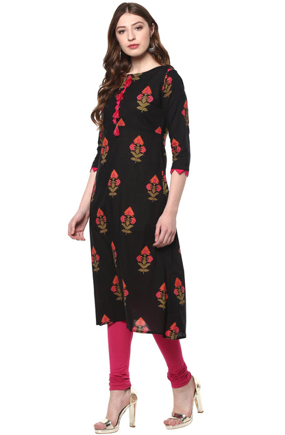 Women's Red Black Floral Print Casual Cotton Kurti (Top Only)