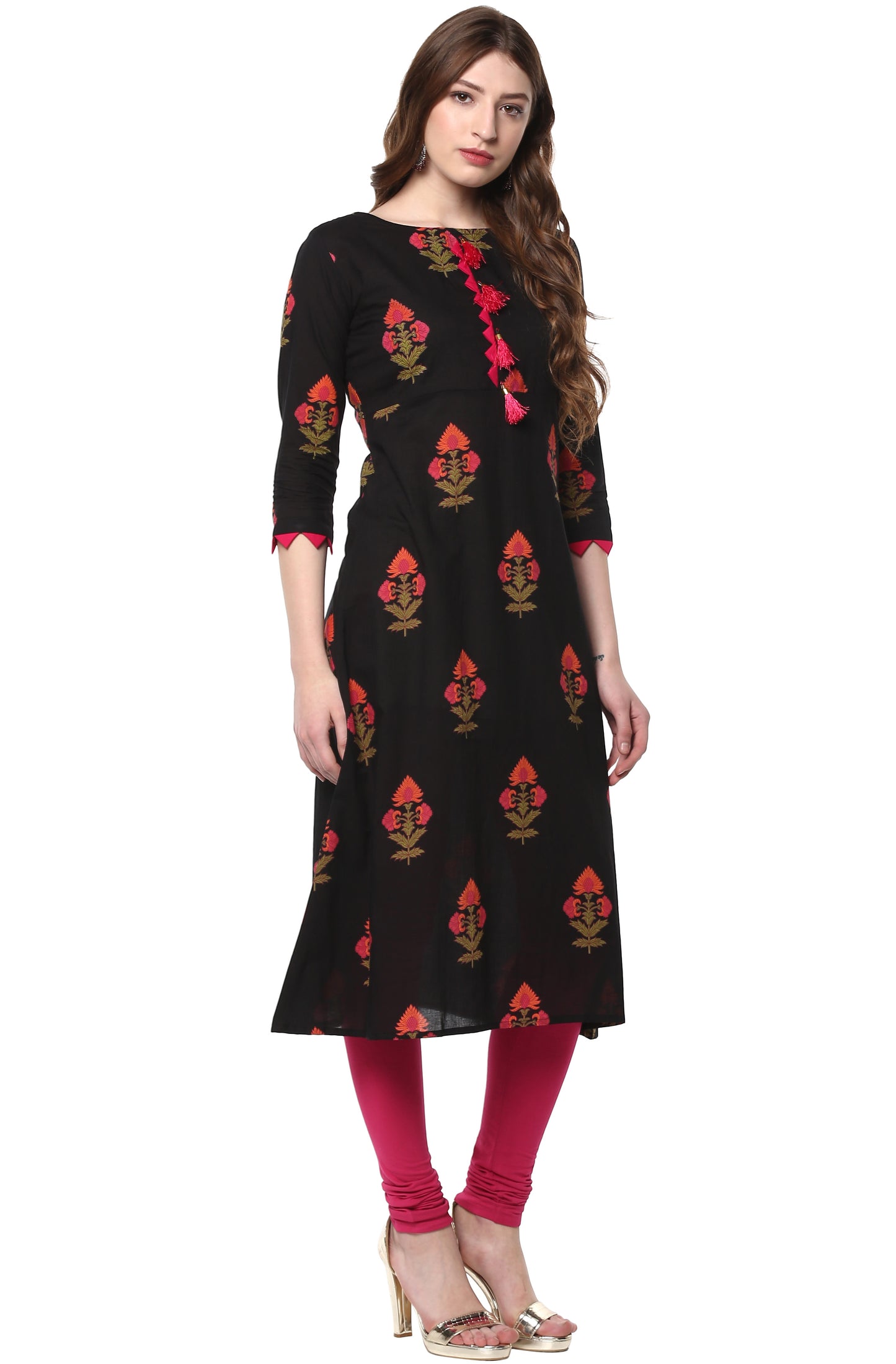 Women's Red Black Floral Print Casual Cotton Kurti (Top Only)