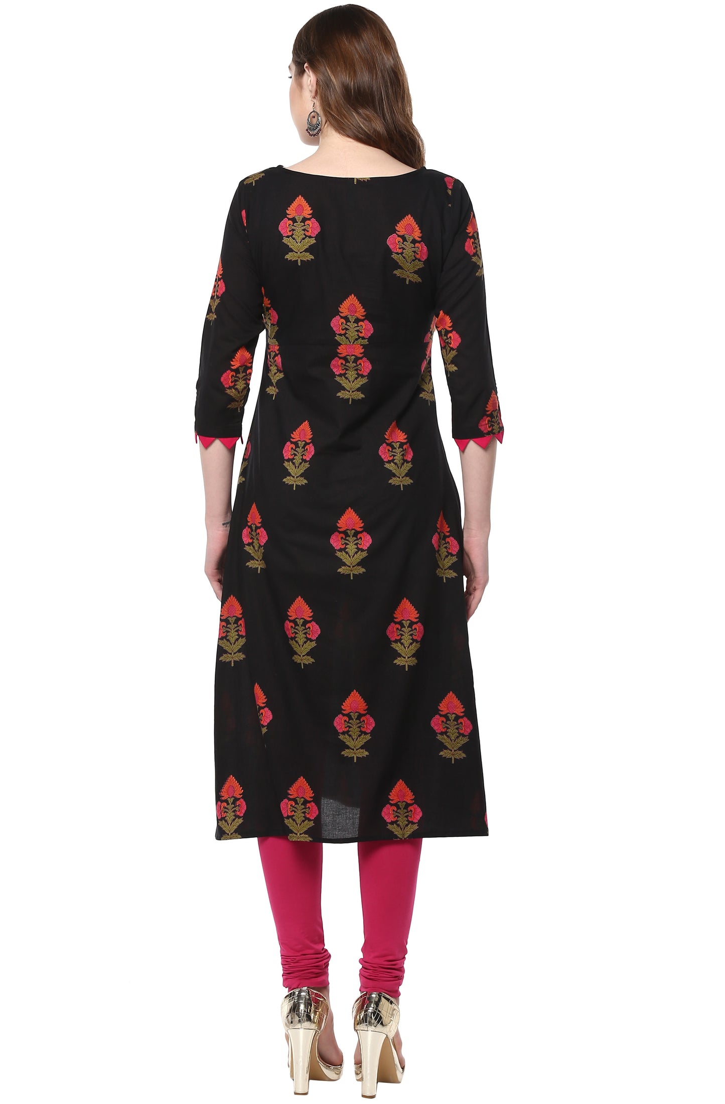 Women's Red Black Floral Print Casual Cotton Kurti (Top Only)