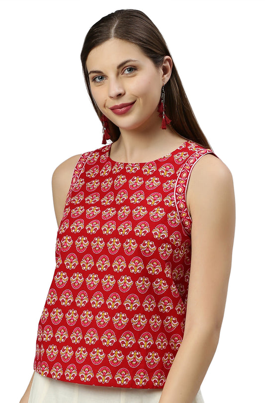Women's Red Floral Print Casual Cotton Top