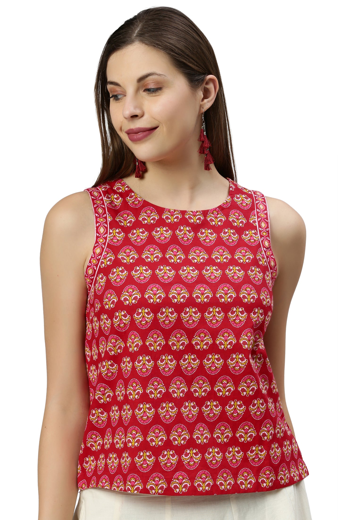 Women's Red Floral Print Casual Cotton Top