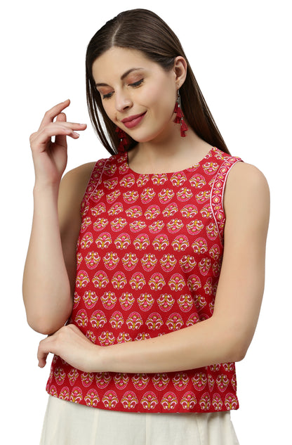 Women's Red Floral Print Casual Cotton Top