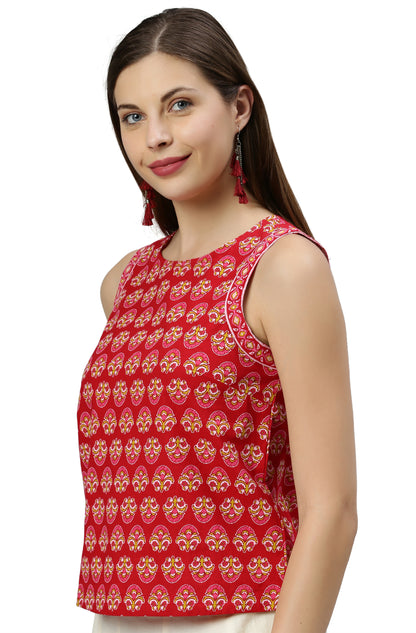 Women's Red Floral Print Casual Cotton Top