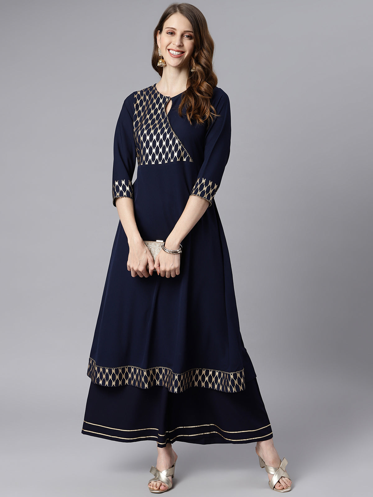 Women's Navy Blue Ethnic Motifs Festive Poly Crepe Kurti (Top Only)