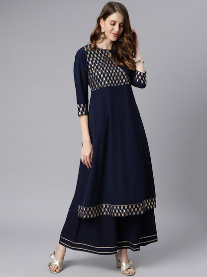 Women's Navy Blue Ethnic Motifs Festive Poly Crepe Kurti (Top Only)