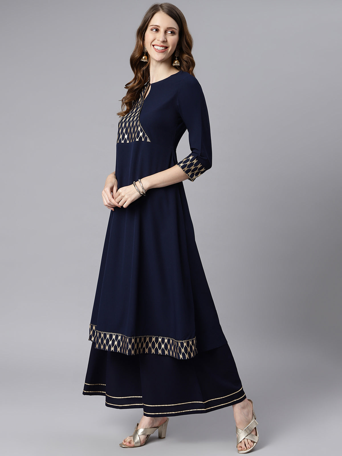 Women's Navy Blue Ethnic Motifs Festive Poly Crepe Kurti (Top Only)