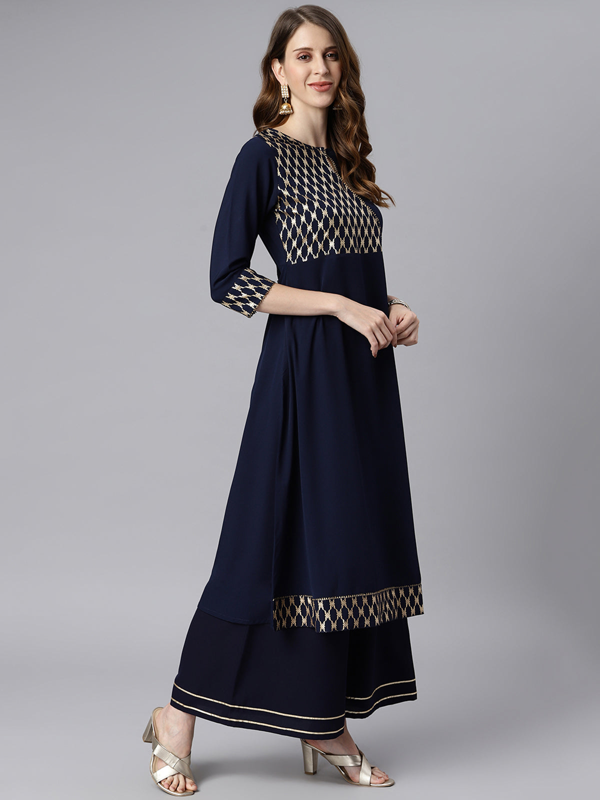 Women's Navy Blue Ethnic Motifs Festive Poly Crepe Kurti (Top Only)