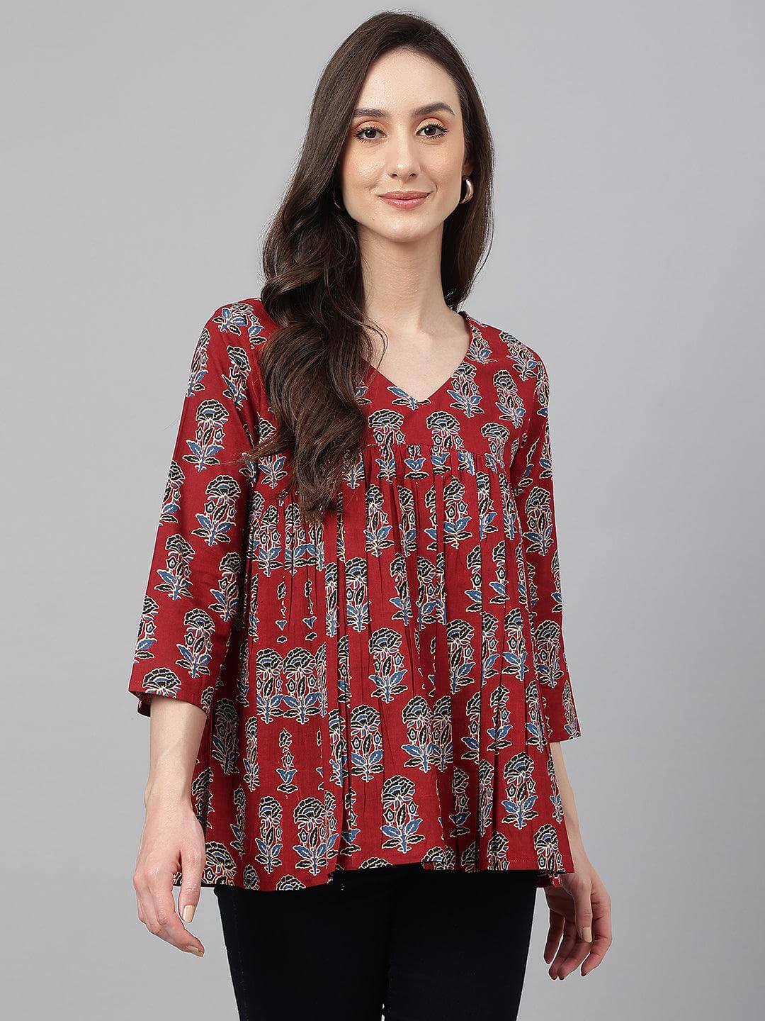 Women's Maroon Cotton Floral Block Print Flared Top