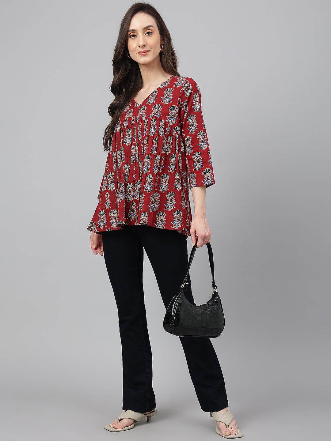 Women's Maroon Cotton Floral Block Print Flared Top