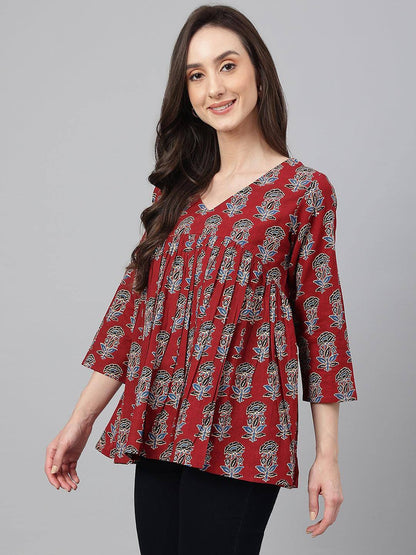 Women's Maroon Cotton Floral Block Print Flared Top