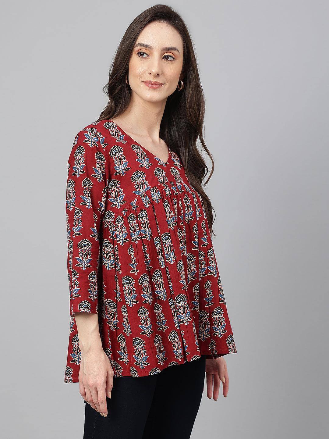 Women's Maroon Cotton Floral Block Print Flared Top