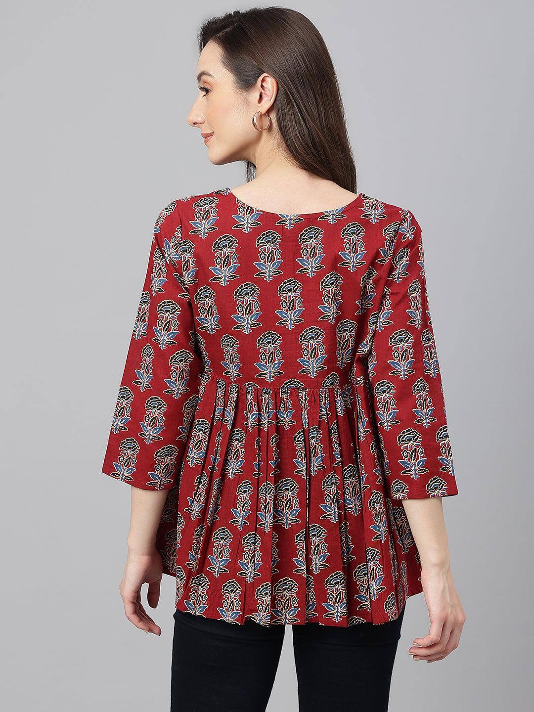Women's Maroon Cotton Floral Block Print Flared Top