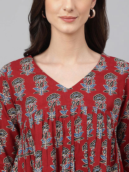 Women's Maroon Cotton Floral Block Print Flared Top