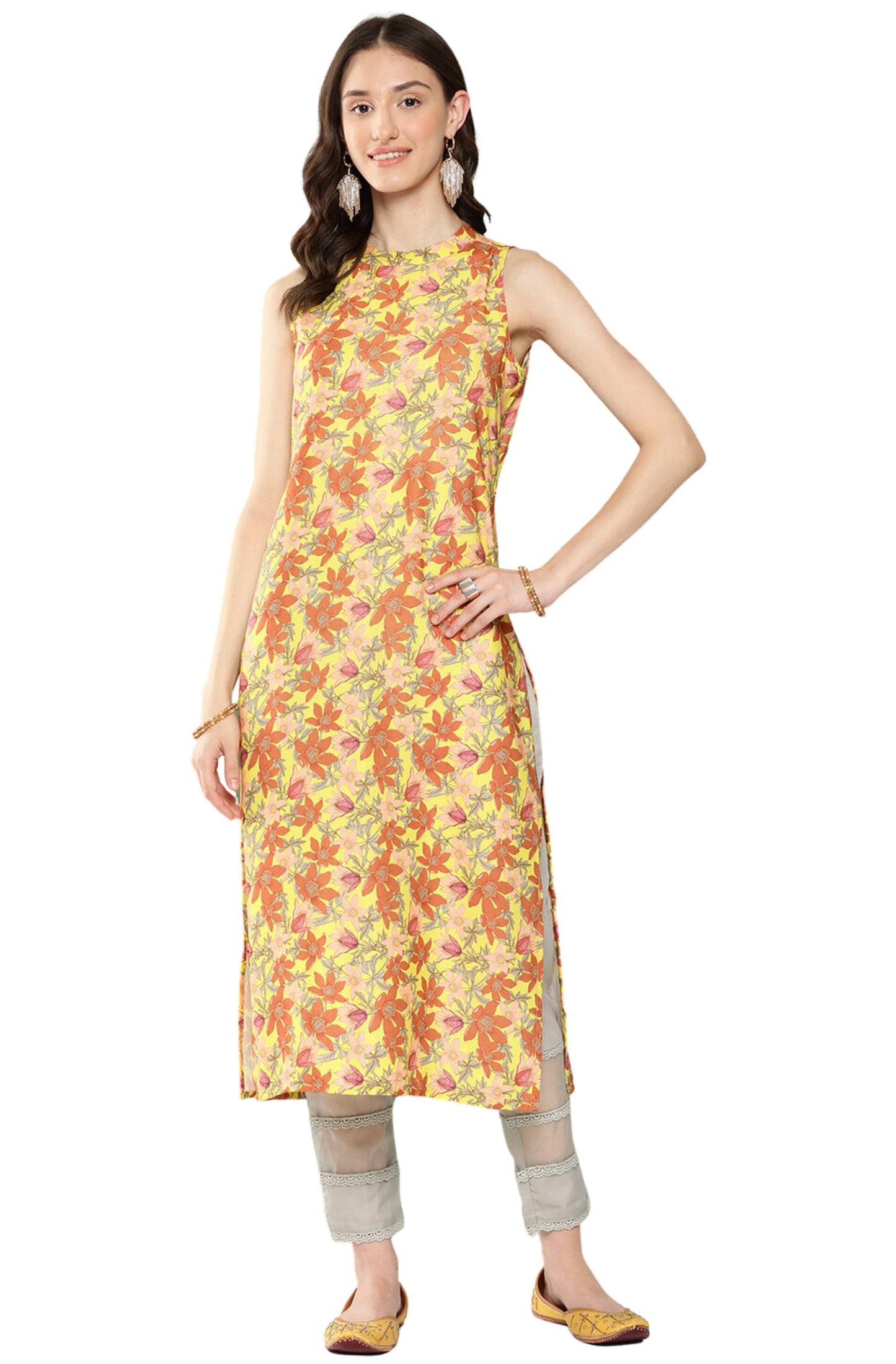 Women's Yellow Casual Moss Kurti (Top Only)