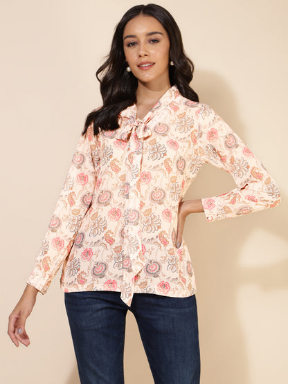 Women's Peach Floral Print Casual Georgette Top