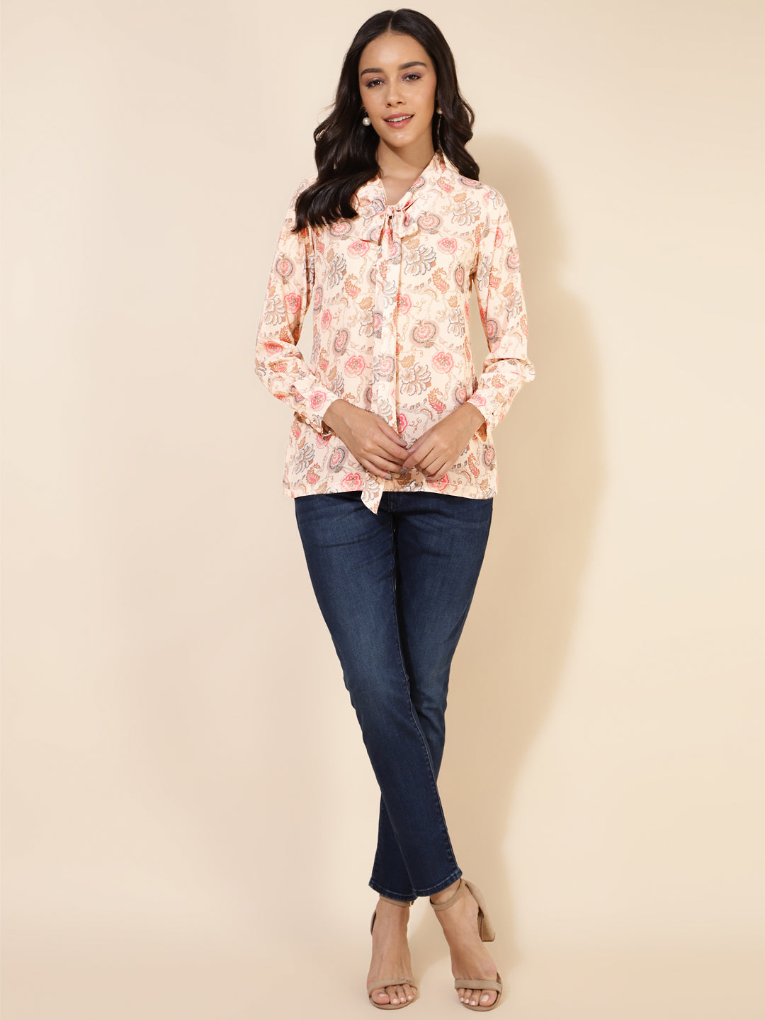 Women's Peach Floral Print Casual Georgette Top