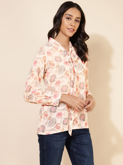 Women's Peach Floral Print Casual Georgette Top