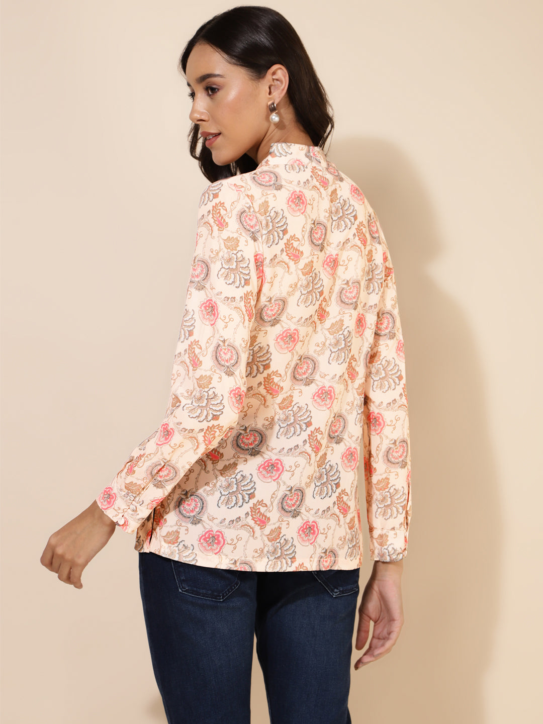 Women's Peach Floral Print Casual Georgette Top