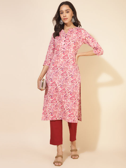 Women's Cream Floral Pink Casual Cotton Kurti (Top Only)