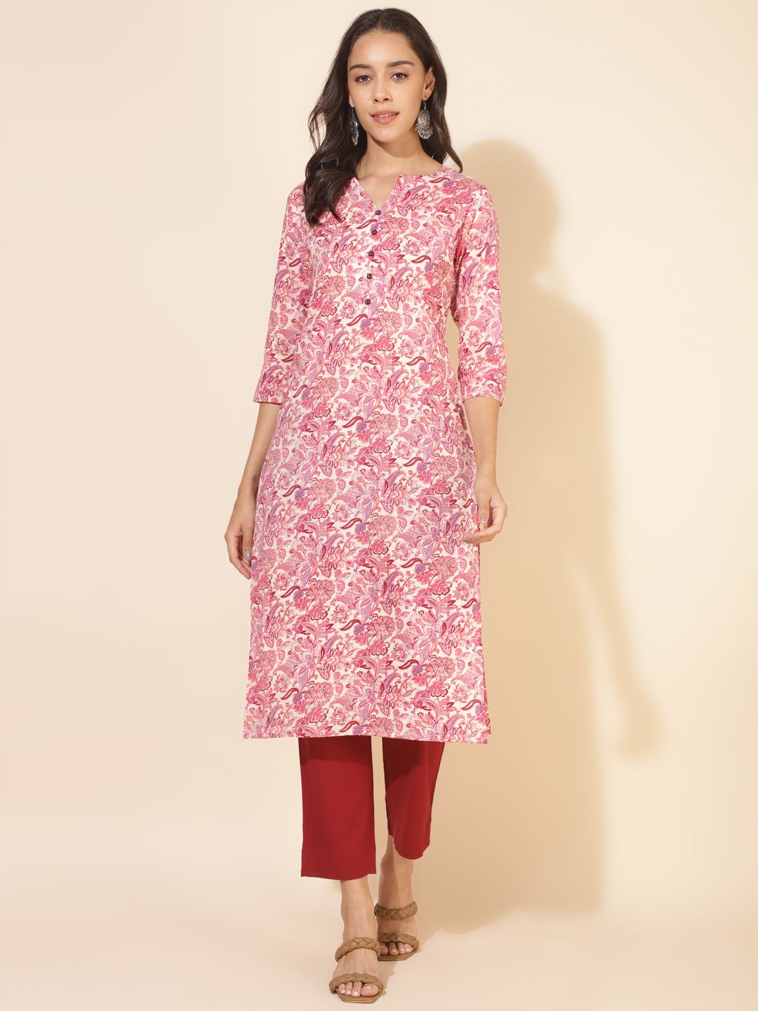 Women's Cream Floral Pink Casual Cotton Kurti (Top Only)